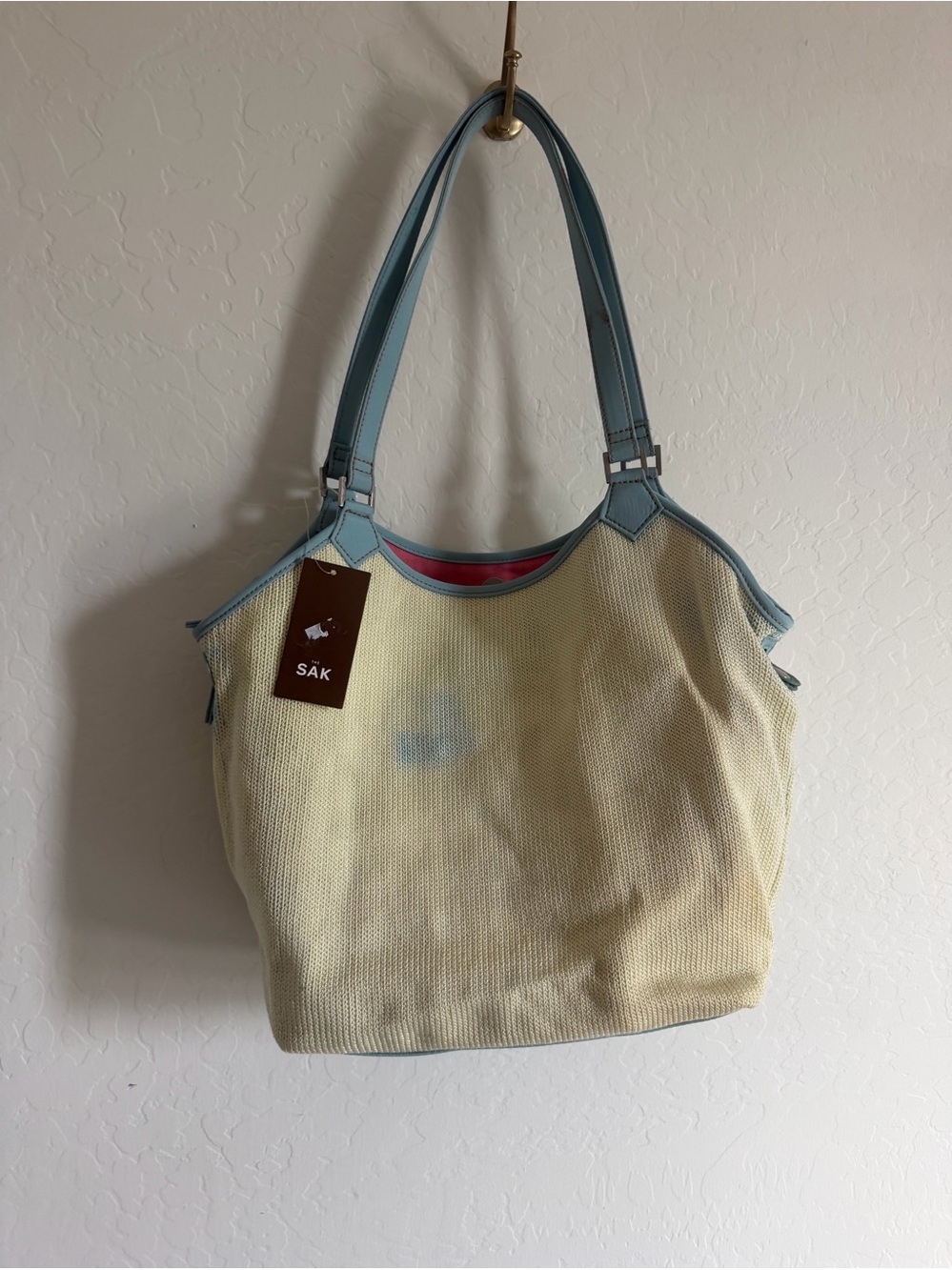The Sak Cream Knit Tote with Light Blue Trim